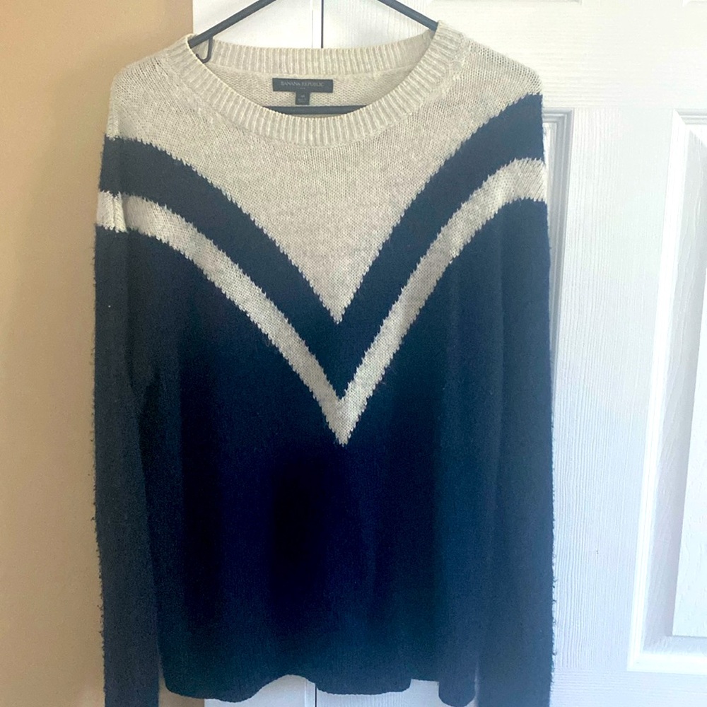 Navy and white crew neck sweater